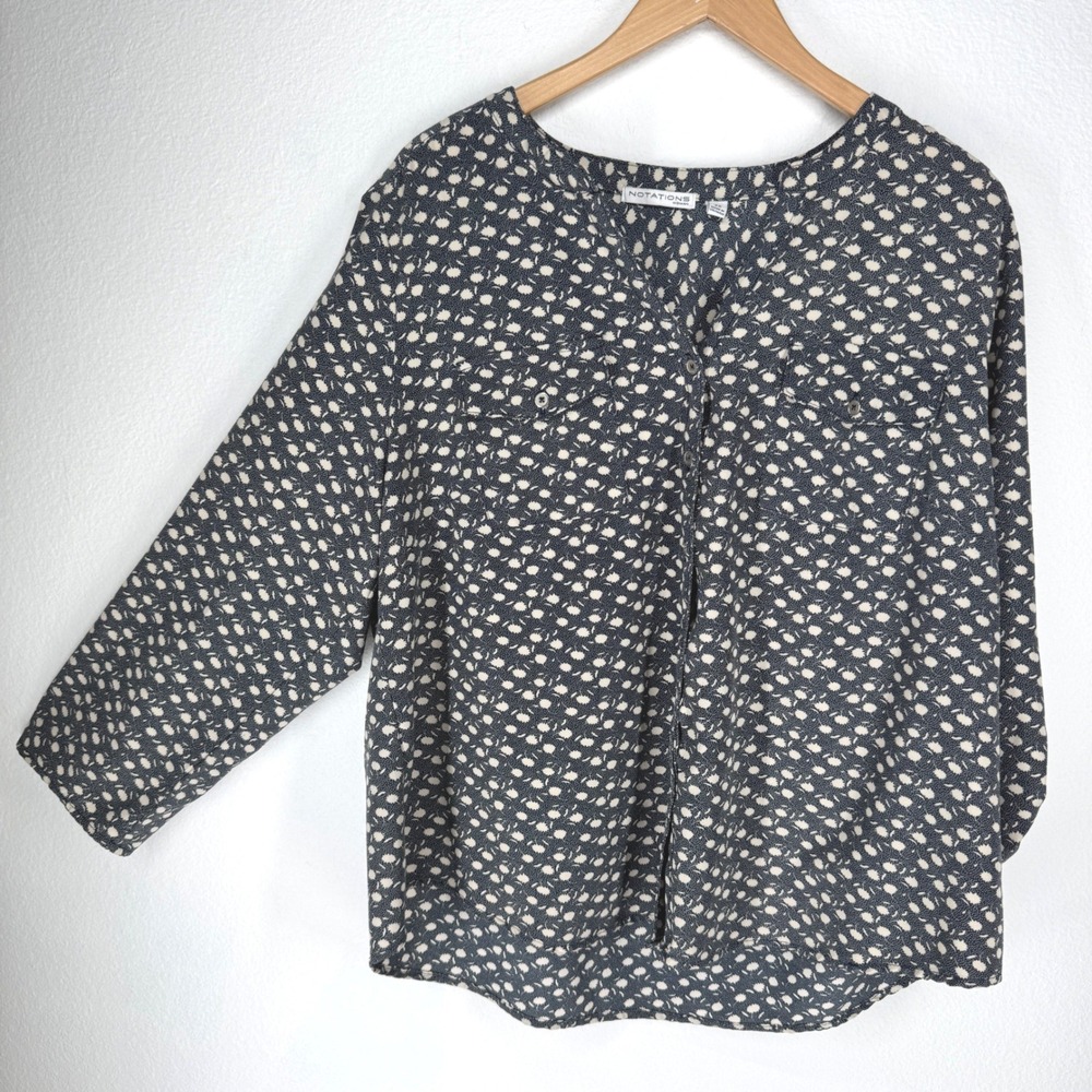 Notations Woman Navy Floral Sunburst Roll Tab‎ Sleeve Blouse 2X Career Stretch